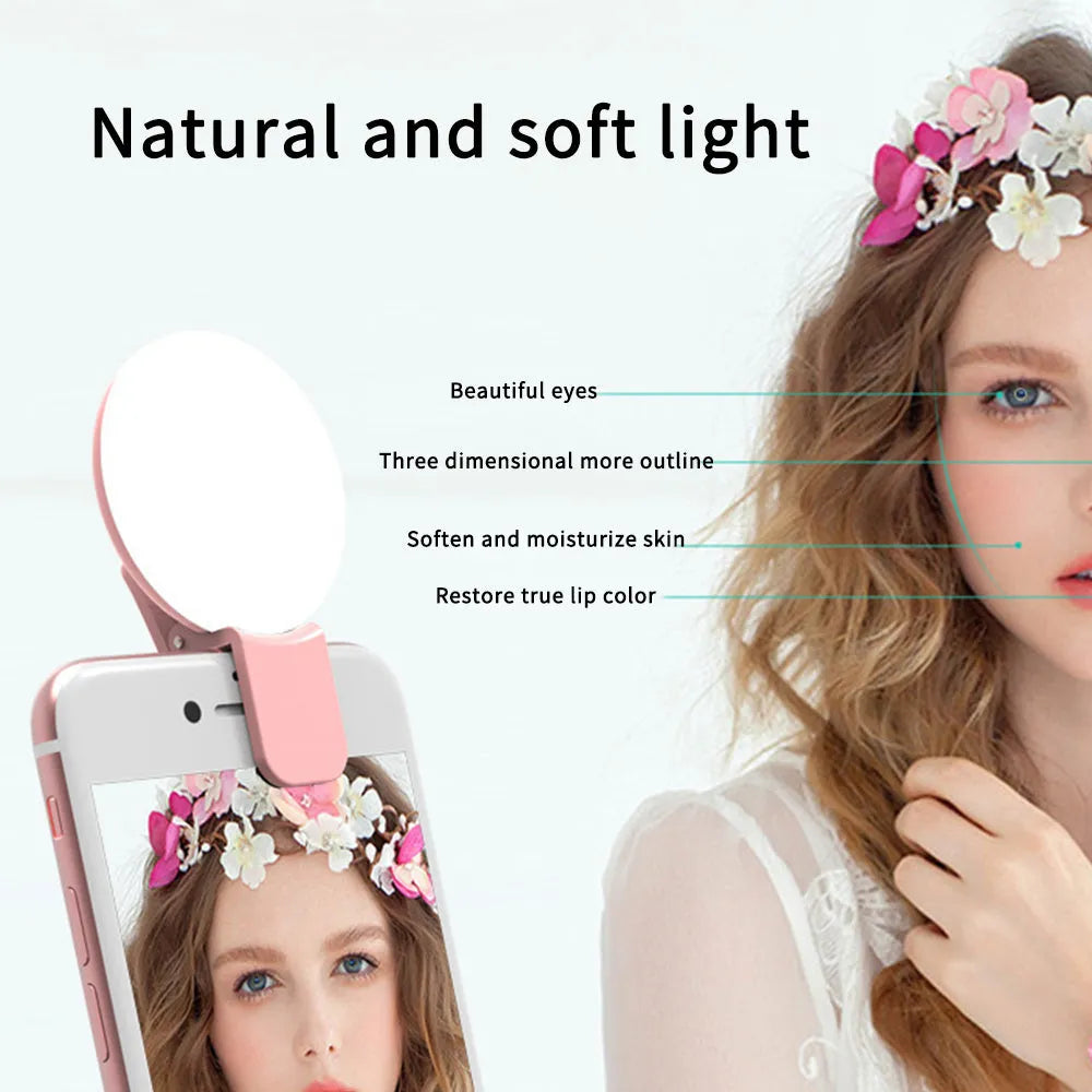 Mini round clip-on selfie fill light for mobile phones in four colour options