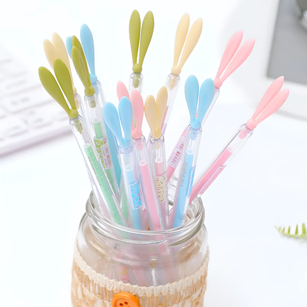 Cute cartoon luminous rabbit long ears gel pen with dust plug, fine 0.38mm tip, plastic shell in four colours