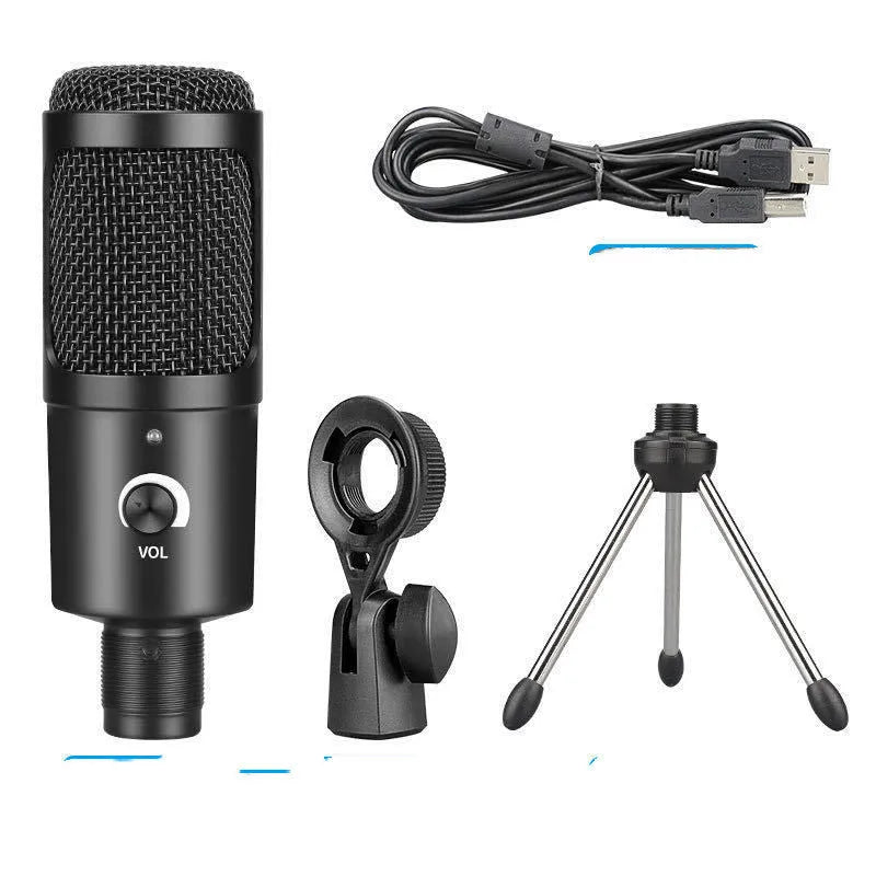 Black USB condenser microphone mounted on an adjustable desktop stand for computer recording.