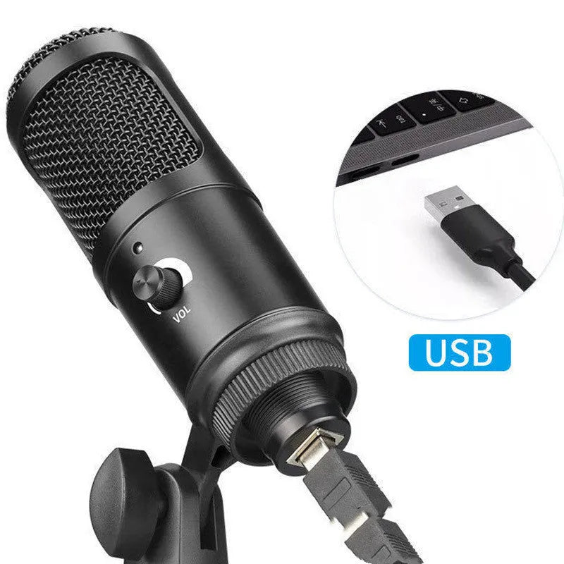 Black USB condenser microphone mounted on an adjustable desktop stand for computer recording.