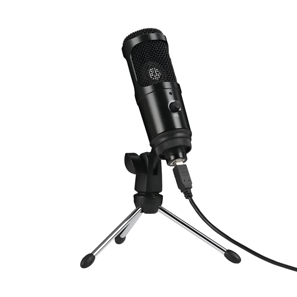 Black USB condenser microphone mounted on an adjustable desktop stand for computer recording.