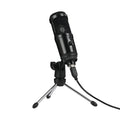 Black USB condenser microphone mounted on an adjustable desktop stand for computer recording.