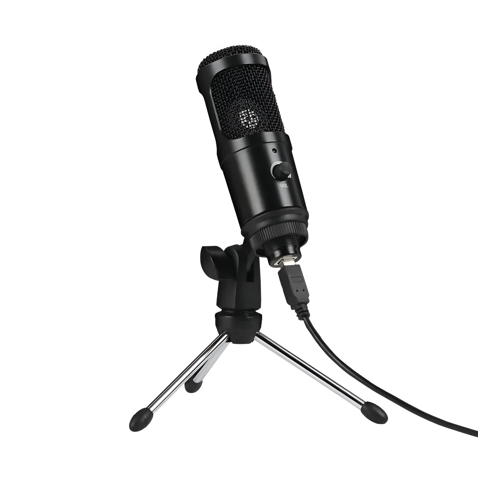 Black USB condenser microphone mounted on an adjustable desktop stand for computer recording.