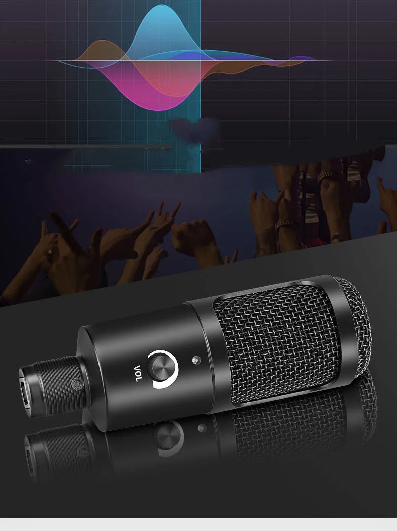 Black USB condenser microphone mounted on an adjustable desktop stand for computer recording.