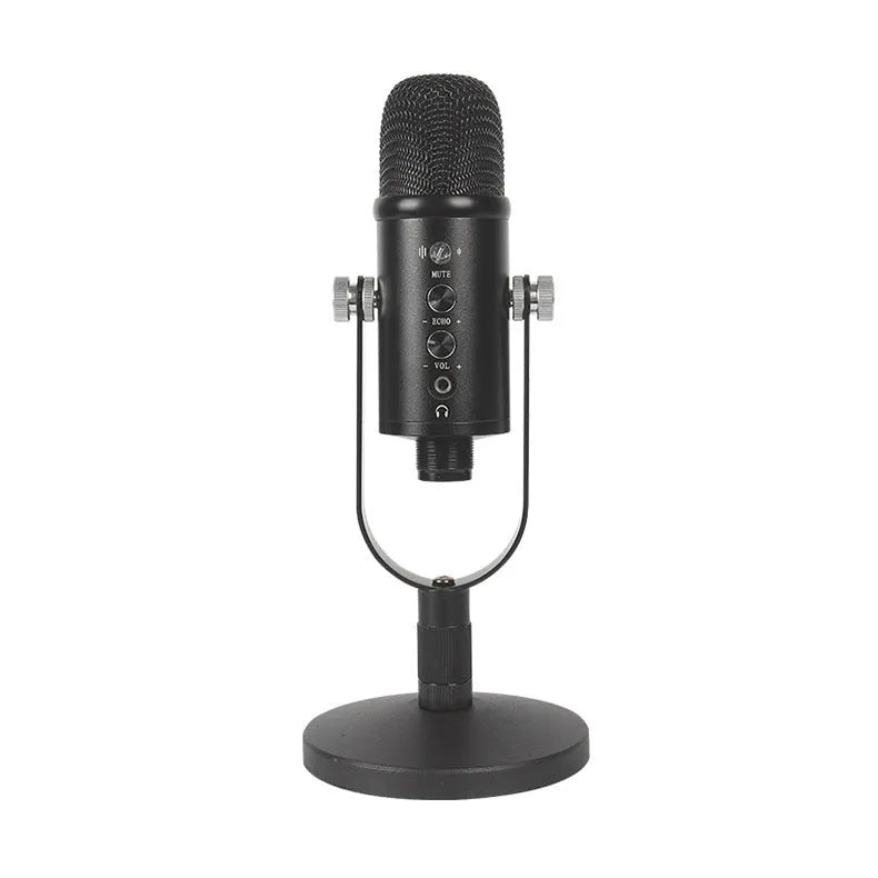 Black JIY BM-86PRO USB condenser microphone on a metal stand with sponge cover.