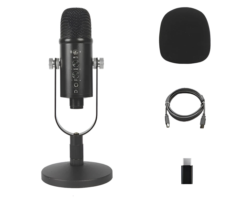 Black JIY BM-86PRO USB condenser microphone on a metal stand with sponge cover.