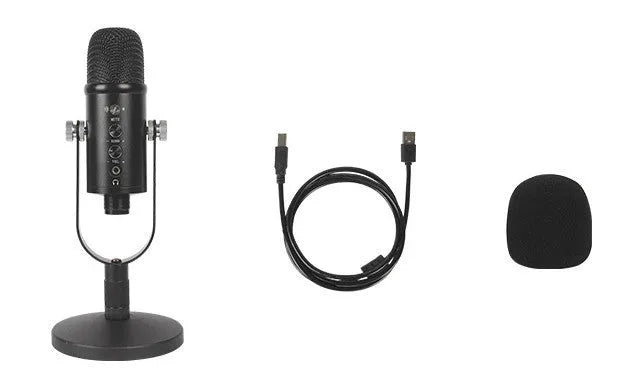 Black JIY BM-86PRO USB condenser microphone on a metal stand with sponge cover.