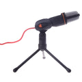 Black wired computer microphone with clothing clip and desk mounting bracket on a white background.