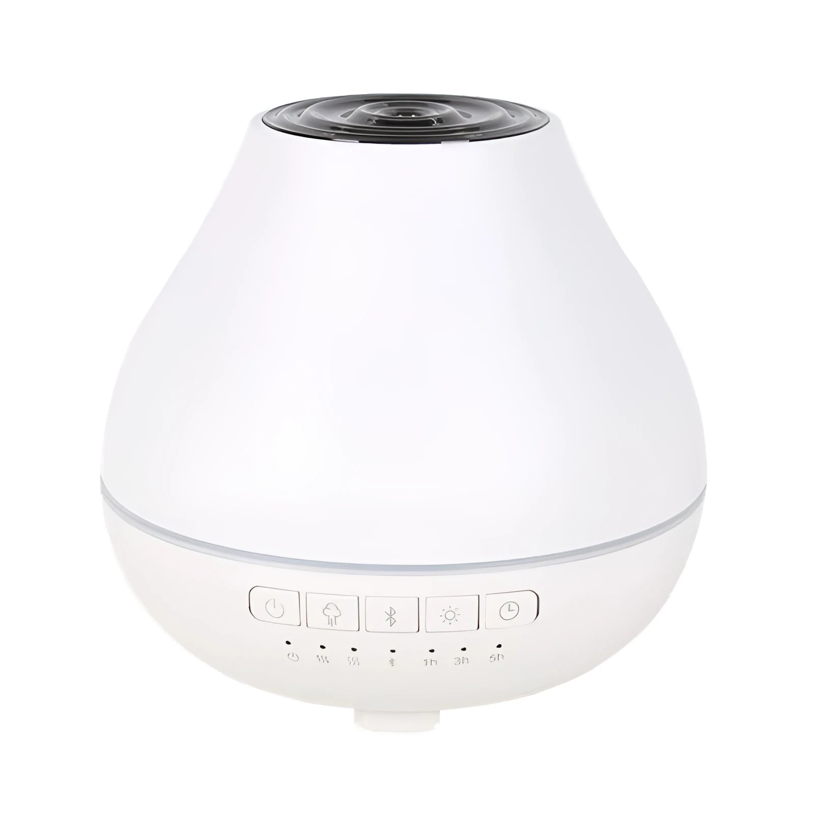 White round Bluetooth humidifier and aroma diffuser with night light on a table.