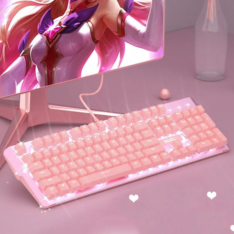 Pink wired mechanical keyboard and gaming mouse set on a desk.