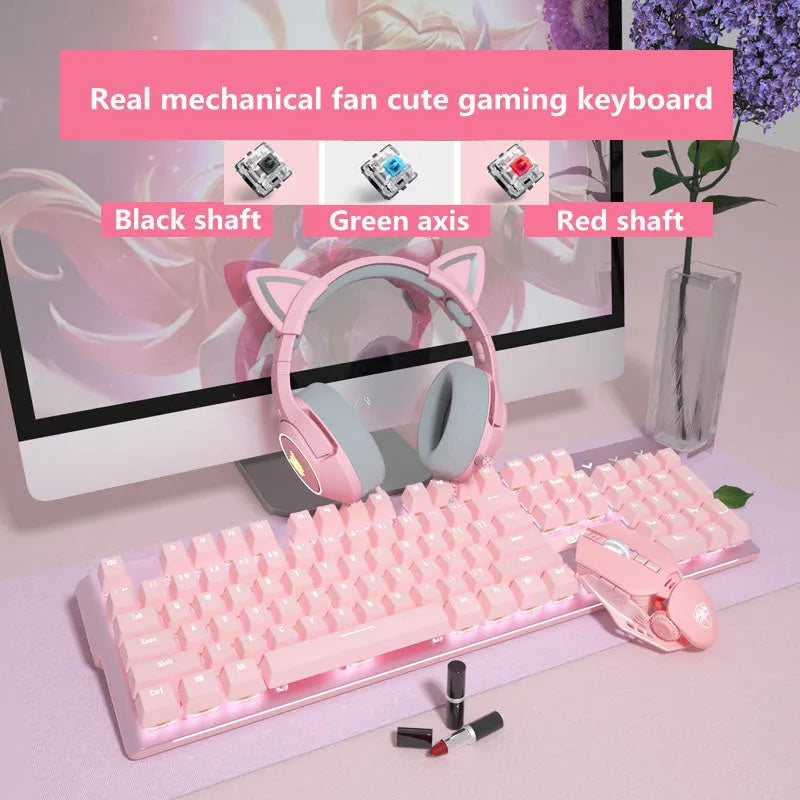 Pink wired mechanical keyboard and gaming mouse set on a desk.
