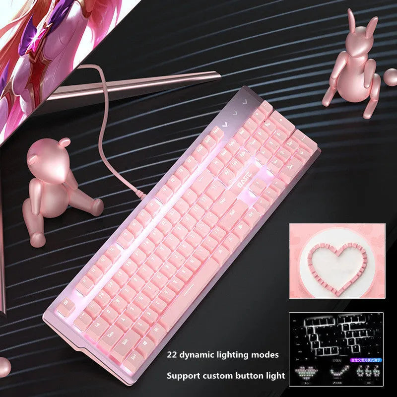 Pink wired mechanical keyboard and gaming mouse set on a desk.