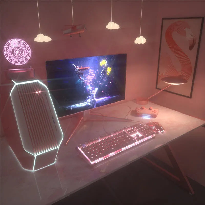Pink wired mechanical keyboard and gaming mouse set on a desk.
