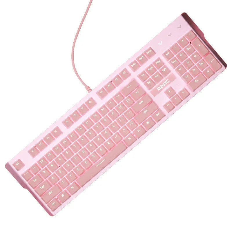 Pink wired mechanical keyboard and gaming mouse set on a desk.