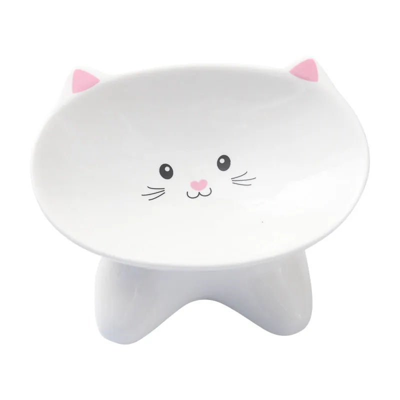 Ceramic small cat face shape pet food bowl in white porcelain, suitable for cats and small dogs