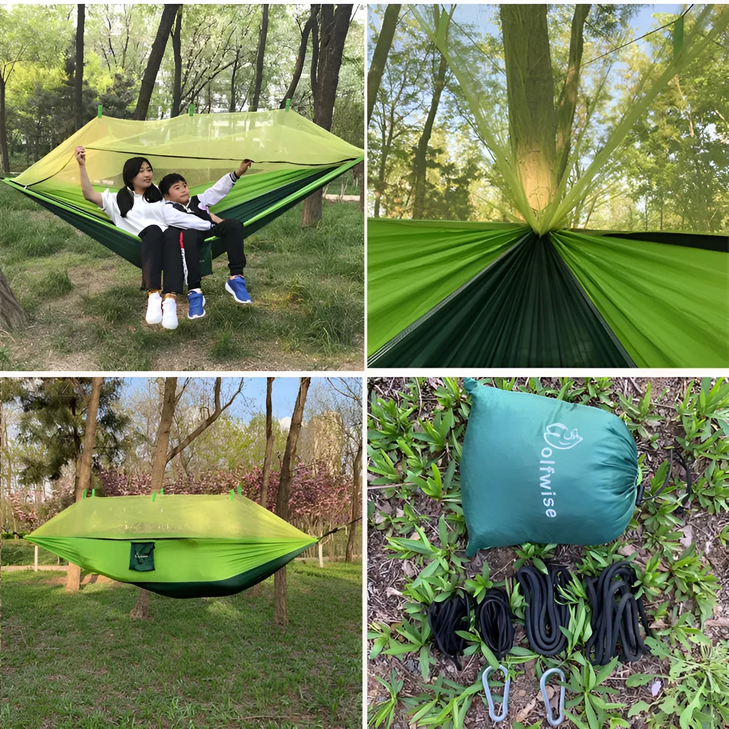 Nylon rope hammock in blue with anti-rollover design and mosquito net for outdoor camping use