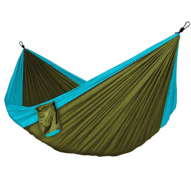 Nylon rope hammock in blue with anti-rollover design and mosquito net for outdoor camping use