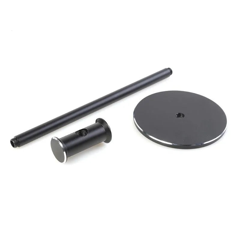 Black aluminium alloy headset bracket holding earphones on a desk