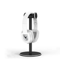 Black aluminium alloy headset bracket holding earphones on a desk