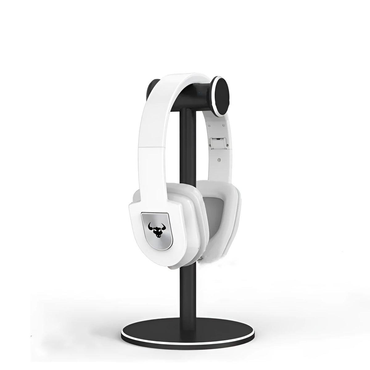 Black aluminium alloy headset bracket holding earphones on a desk