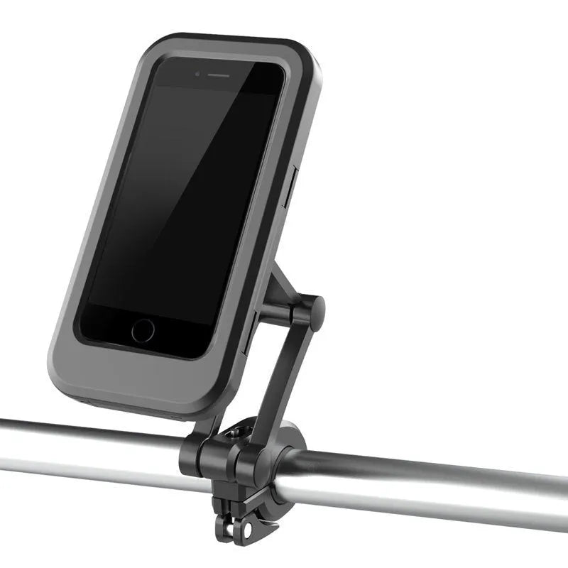 Black waterproof bicycle phone holder mount with magnetic suction on a handlebar, showing adjustable joints.
