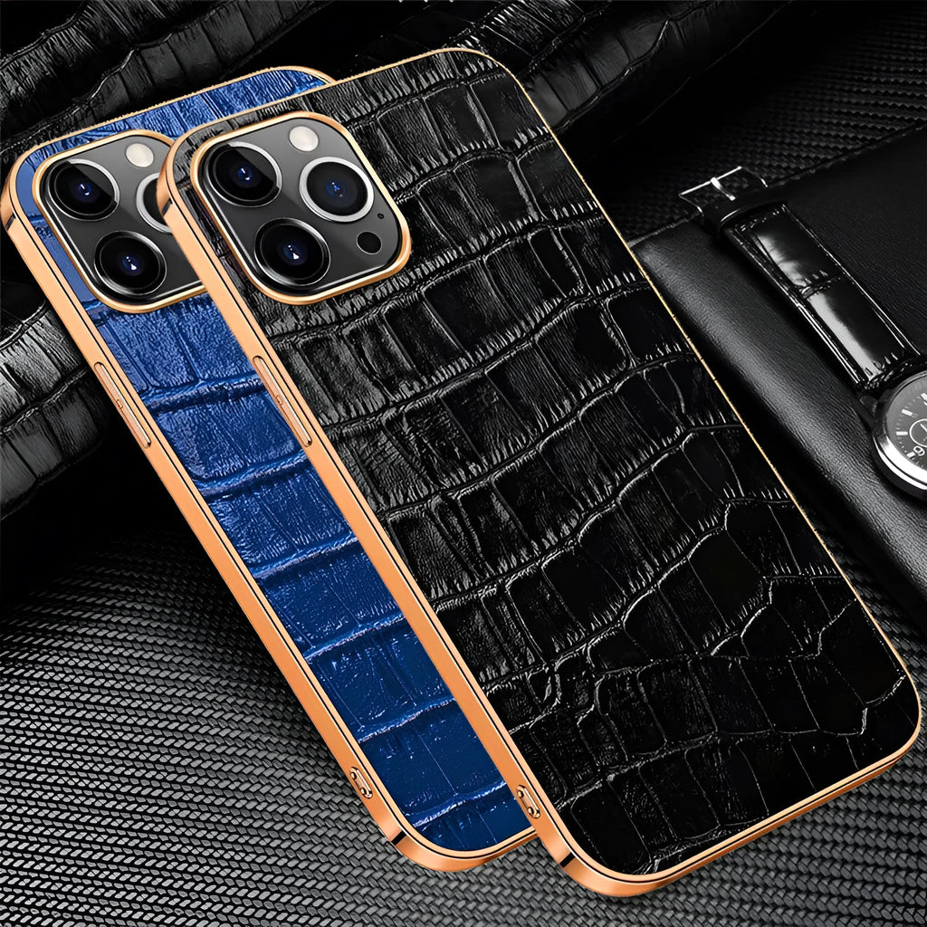 Handmade leather back cover for iPhone in black with soft electroplating finish