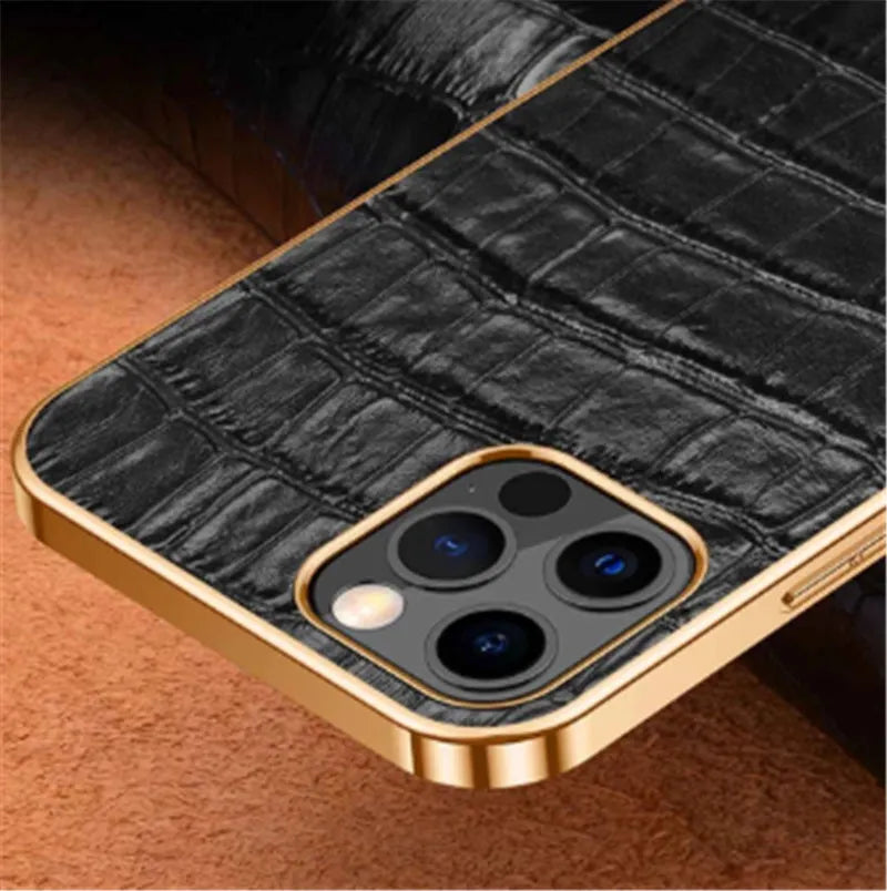 Handmade leather back cover for iPhone in black with soft electroplating finish