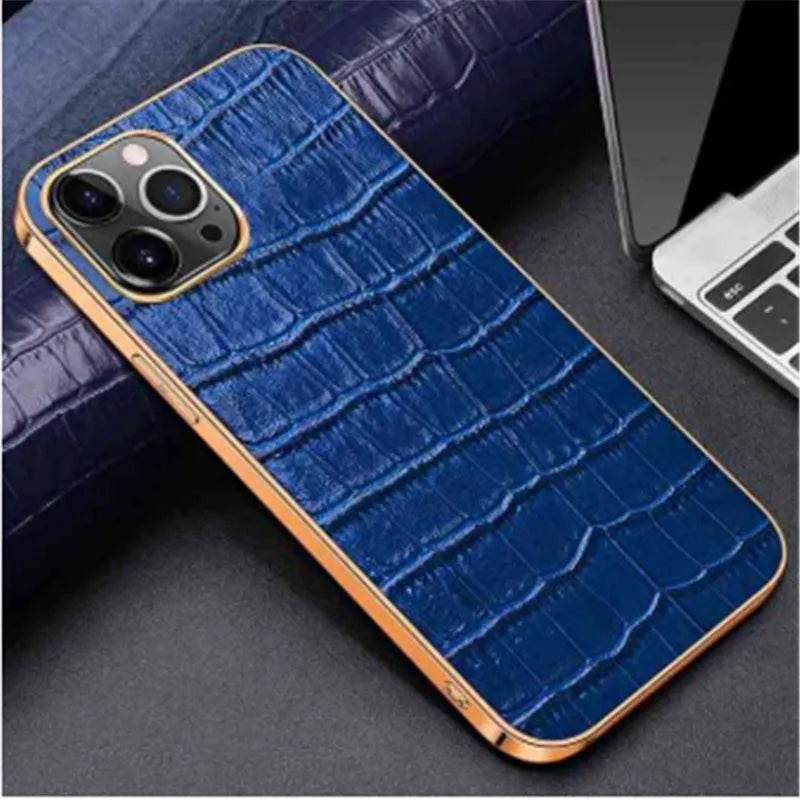 Handmade leather back cover for iPhone in black with soft electroplating finish