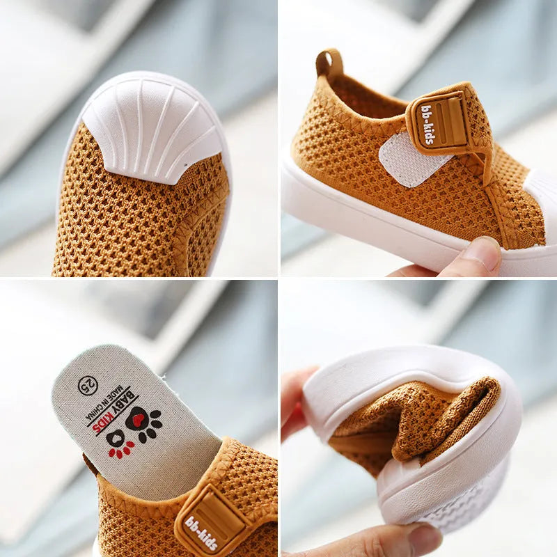 Children's striped casual sneakers with a non-slip PVC sole, shown in yellow, for boys and girls.