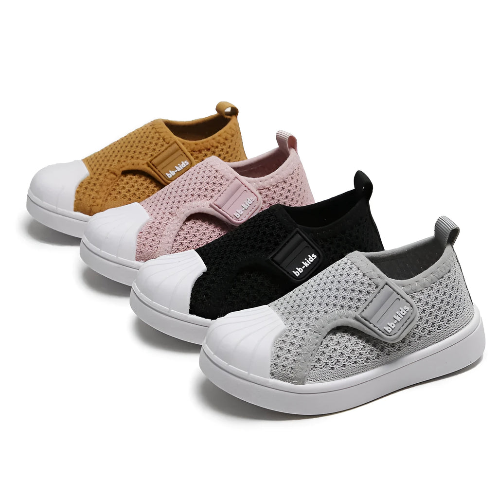 Children's striped casual sneakers with a non-slip PVC sole, shown in yellow, for boys and girls.