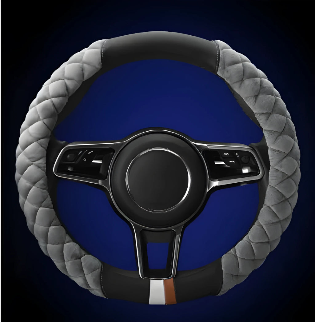 Grey plush steering wheel cover 38cm universal winter fit for car interior