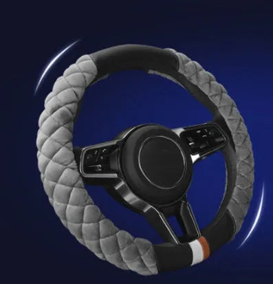 Grey plush steering wheel cover 38cm universal winter fit for car interior