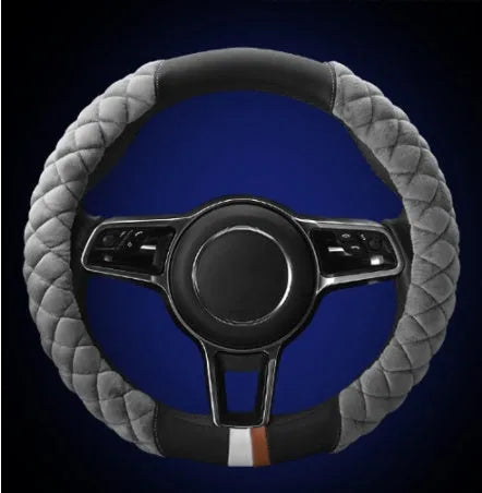 Grey plush steering wheel cover 38cm universal winter fit for car interior