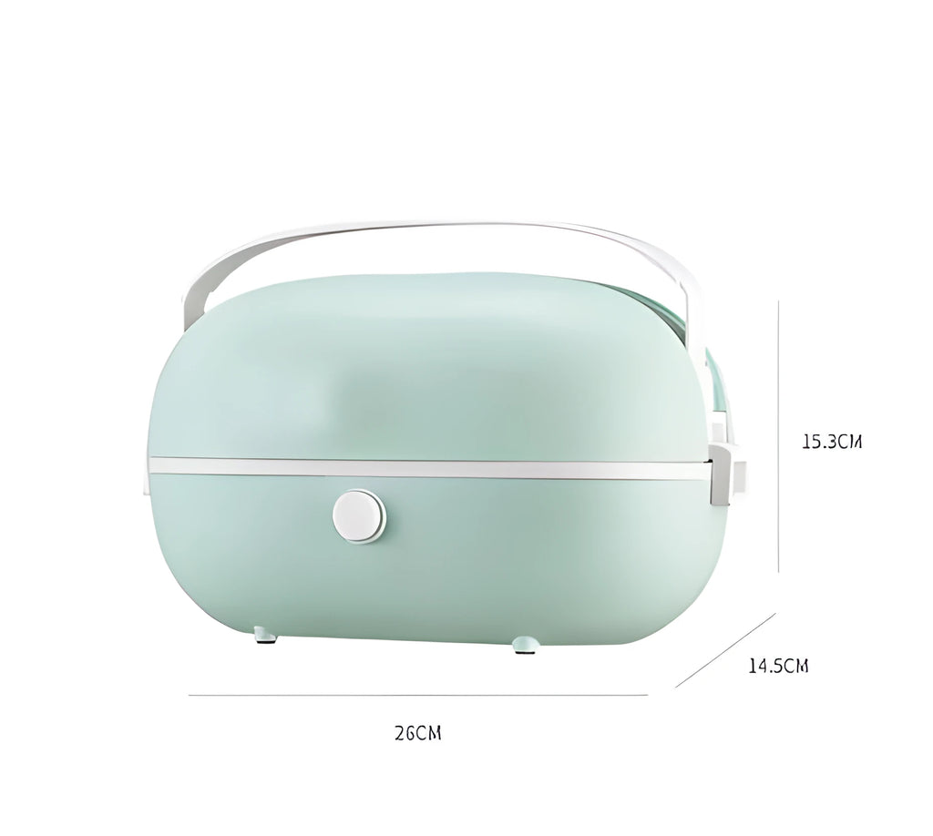 Green portable electric lunch box with stainless steel inner tank and control buttons.