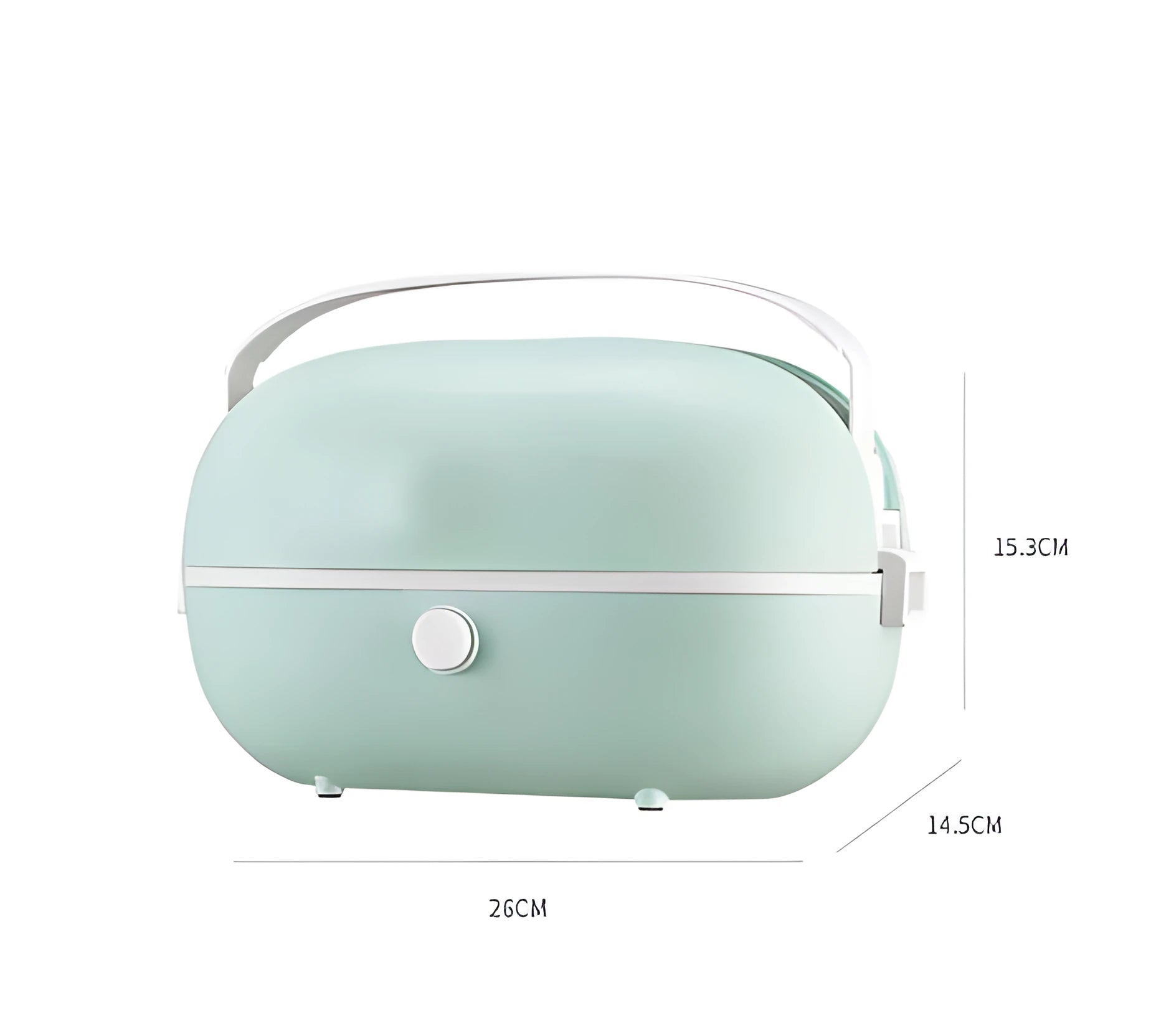 Green portable electric lunch box with stainless steel inner tank and control buttons.