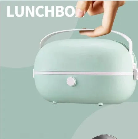 Green portable electric lunch box with stainless steel inner tank and control buttons.