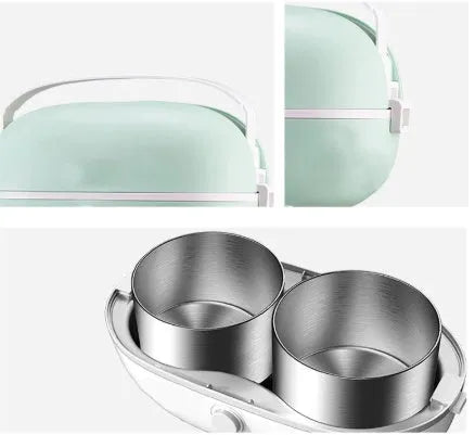 Green portable electric lunch box with stainless steel inner tank and control buttons.