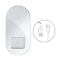 Baseus minimalist two-in-one wireless charger for phone and earbuds in black, white, or transparent.