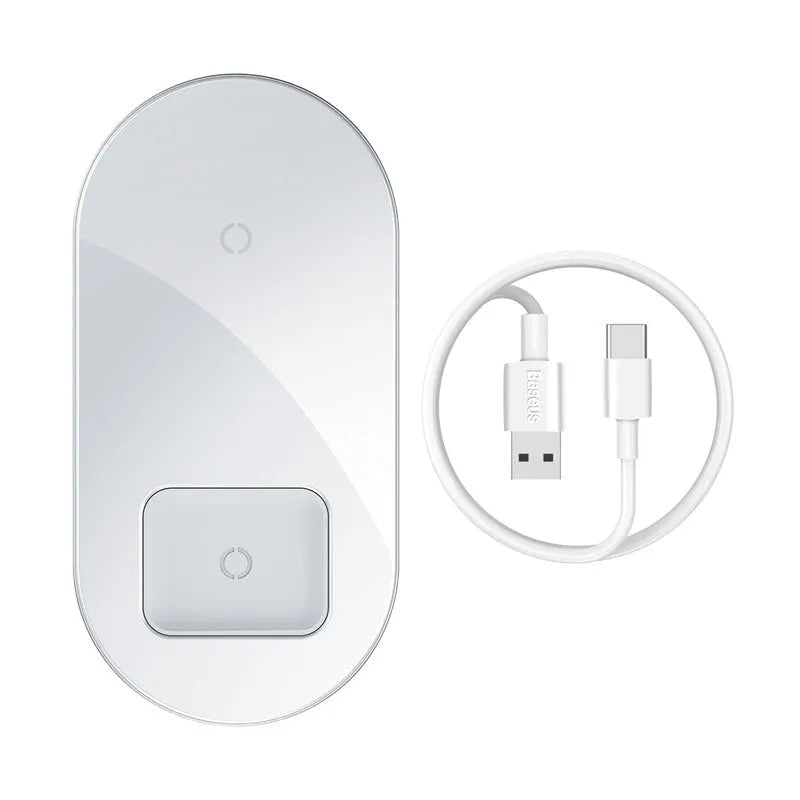 Baseus minimalist two-in-one wireless charger for phone and earbuds in black, white, or transparent.