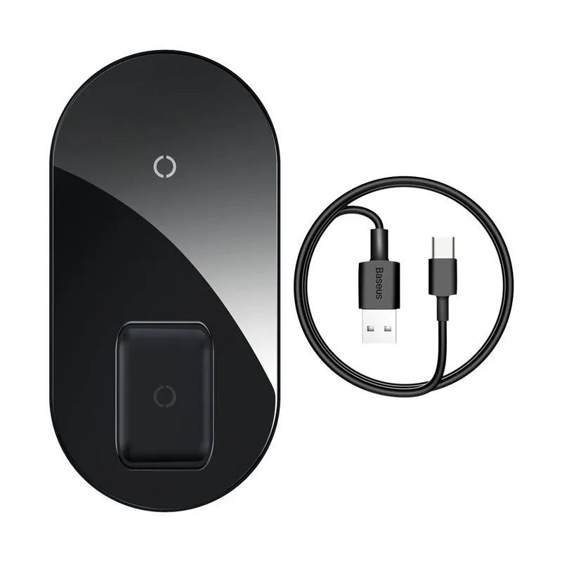 Baseus Minimalist Two-in-One Wireless Charger Pro in black, white, or transparent colour.