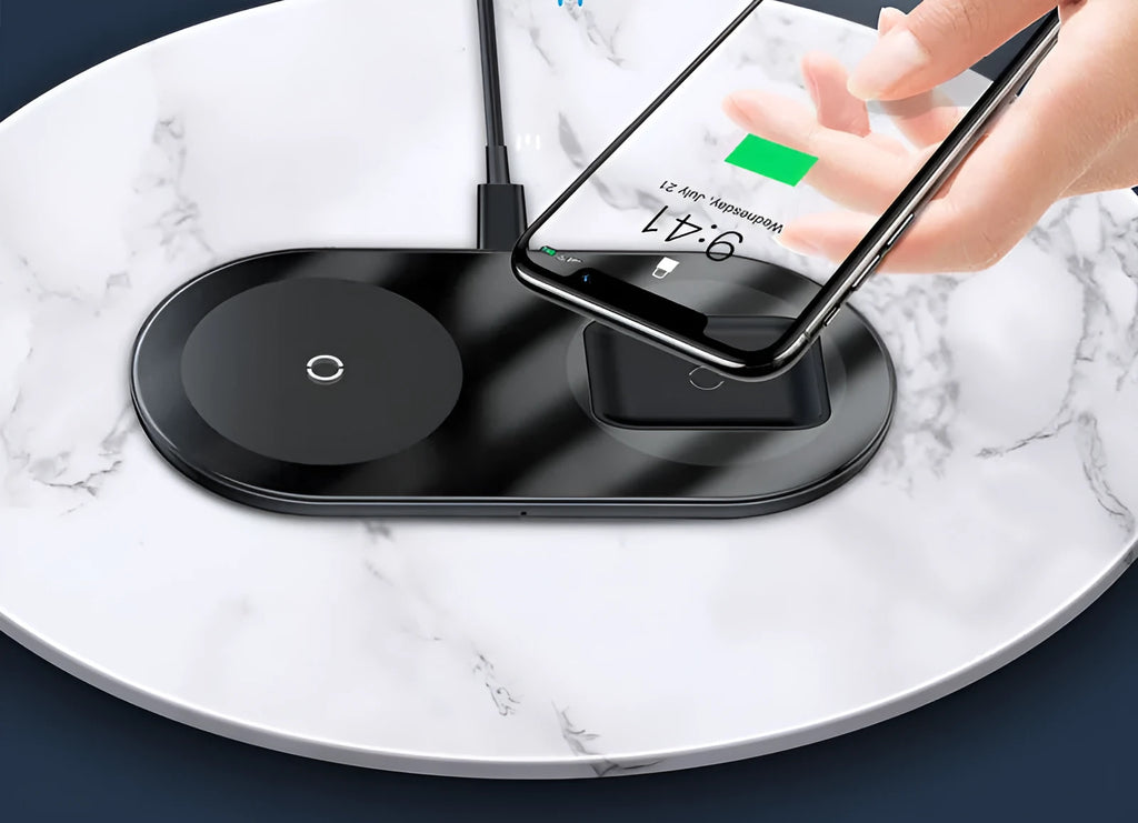 Baseus Minimalist Two-in-One Wireless Charger Pro in black, white, or transparent colour.