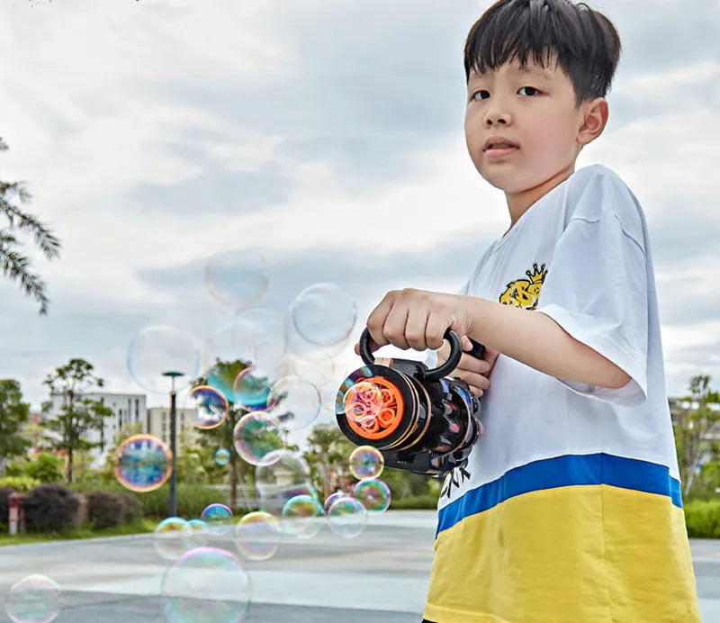 Gatling bubble gun machine in black with porous head, music and light effects, 31.5 cm