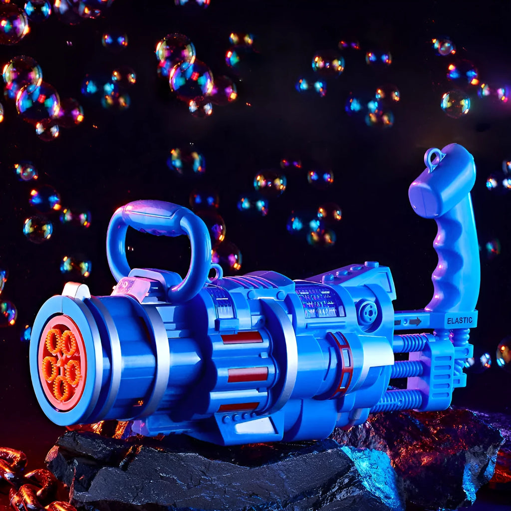 Gatling bubble gun machine in black with porous head, music and light effects, 31.5 cm