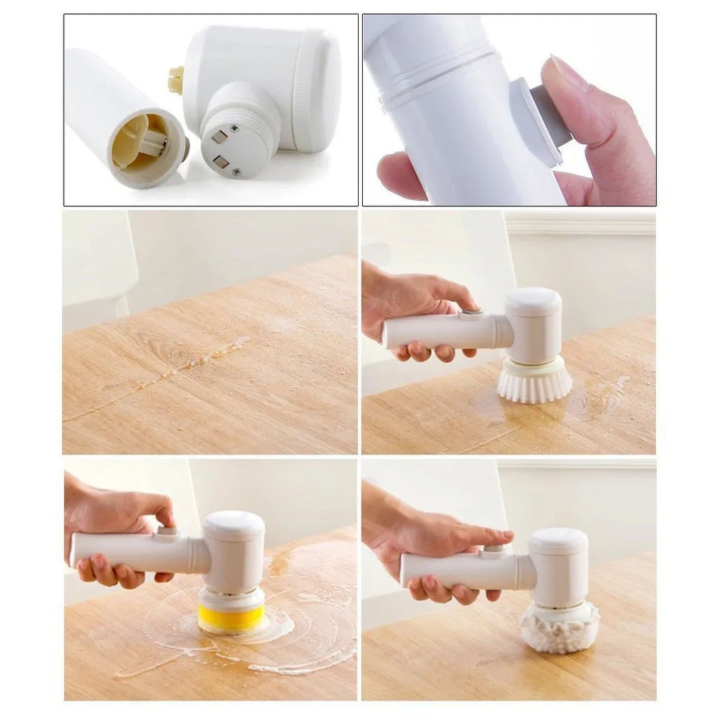 White cordless electric cleaning brush with three interchangeable nylon brush heads for household surfaces
