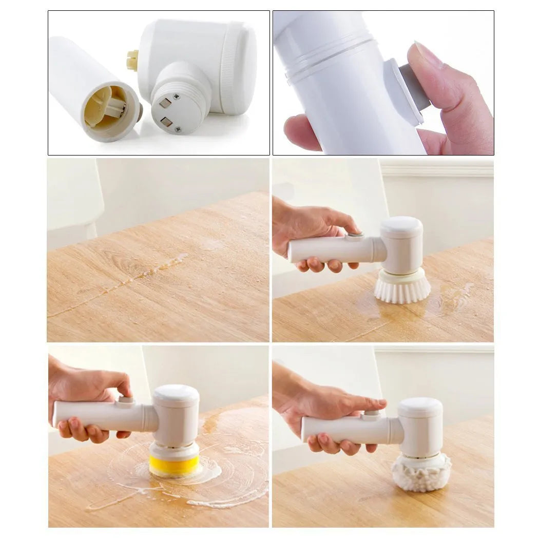 White cordless electric cleaning brush with three interchangeable nylon brush heads for household surfaces