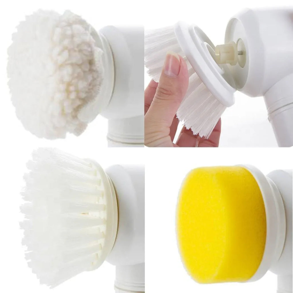 White cordless electric cleaning brush with three interchangeable nylon brush heads for household surfaces