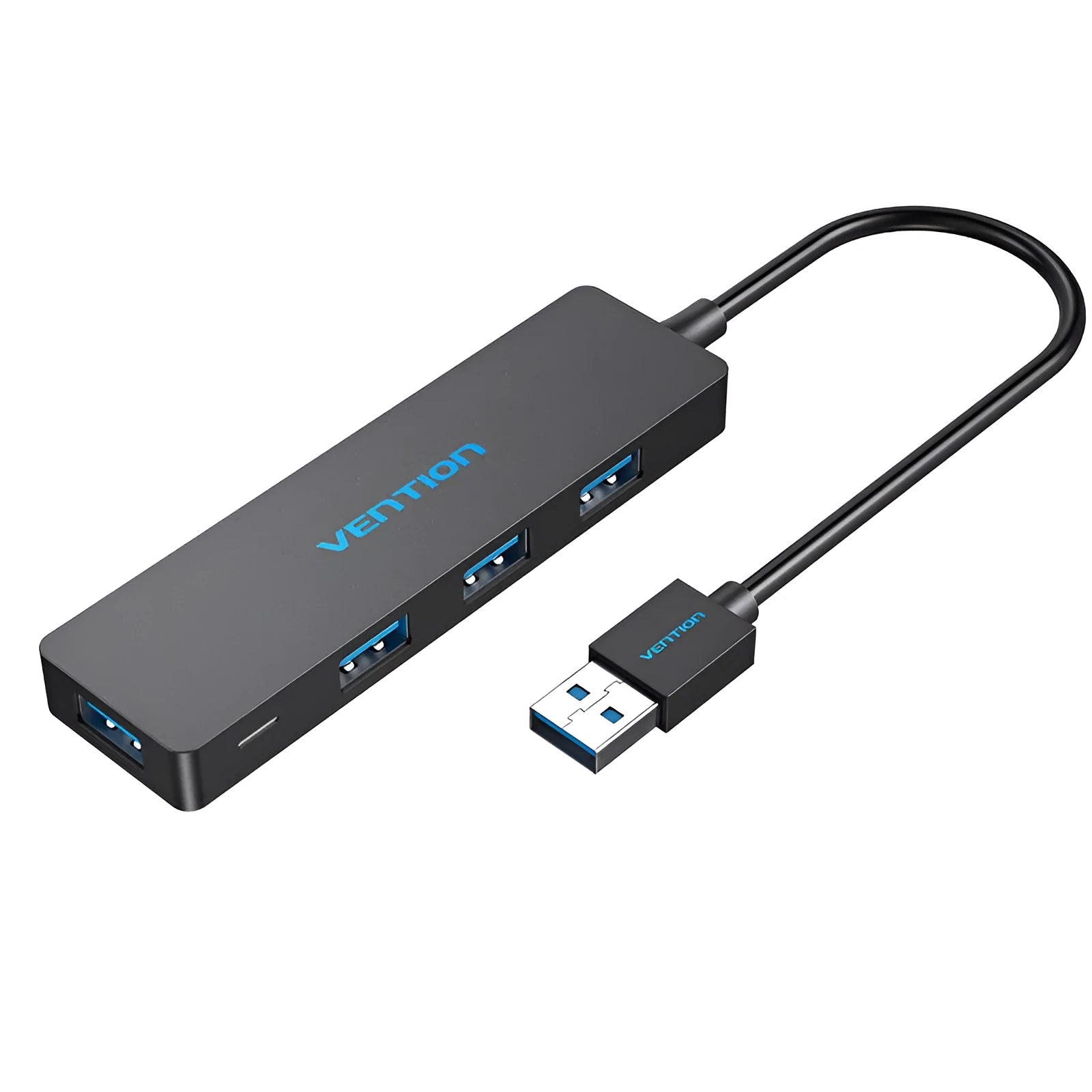 Black four-port USB 3.0 hub with a short 15cm cable on a desk