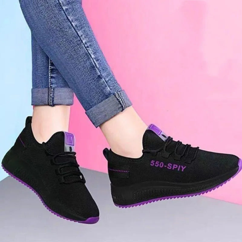 Women's purple and red air mesh running shoes with flat heel, round toe, and lace-up closure, sizes 35-40