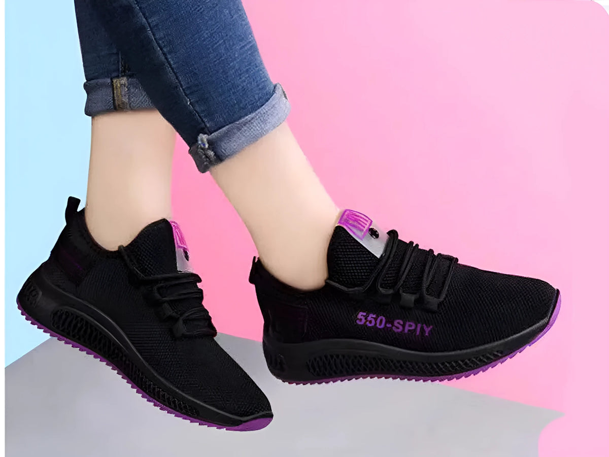 Women's purple and red air mesh running shoes with flat heel, round toe, and lace-up closure, sizes 35-40