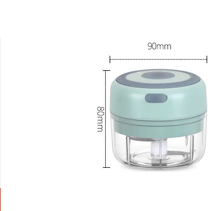 Mini electric garlic chopper with USB charging, stainless steel blade, and plastic cup